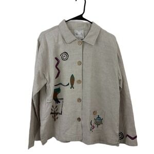 Play Alegre Art To Wear Top Womens OS Long Sleeve Button Up Hand Painted FIsh